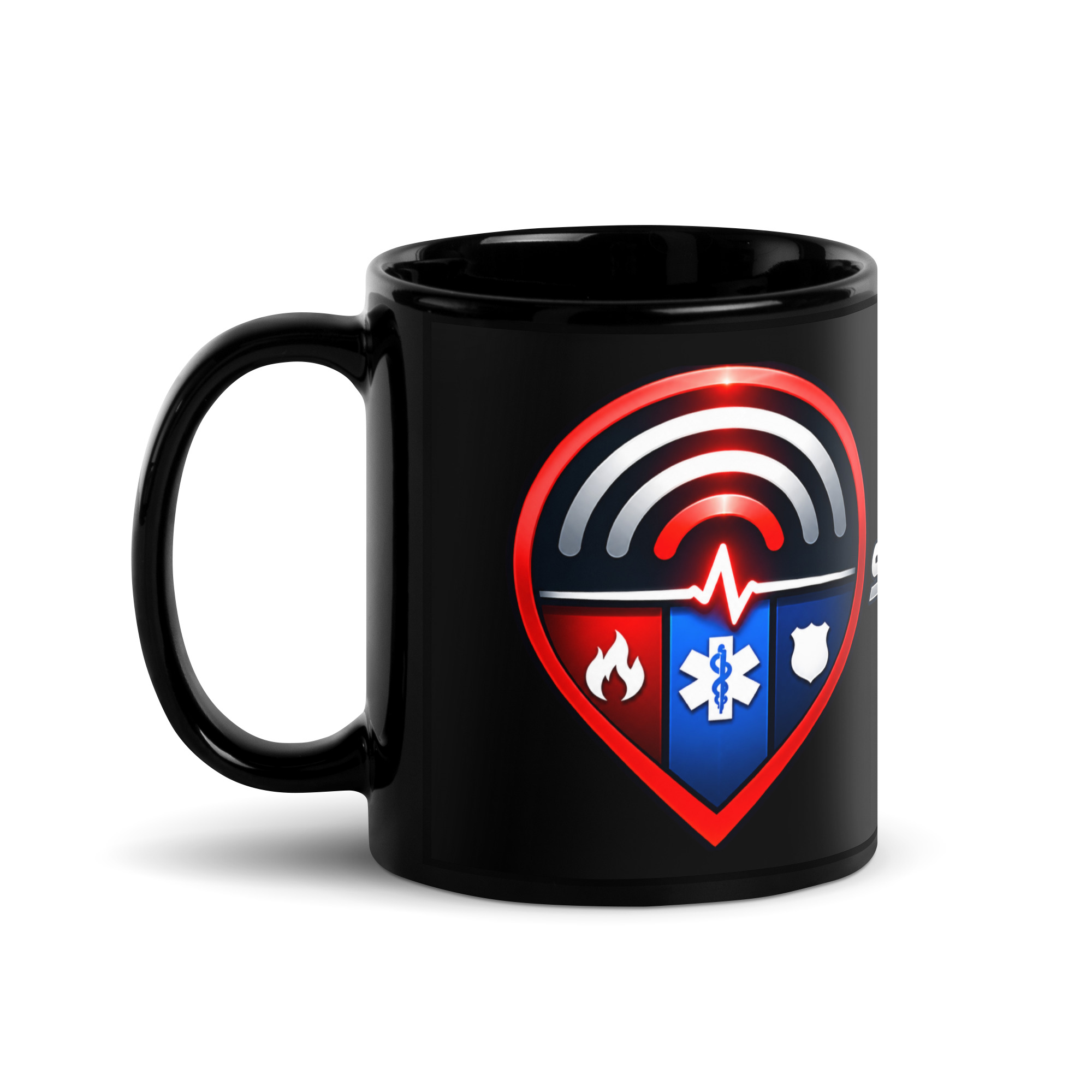 Black Signal911Live 11 oz coffee mug featuring the signal logo