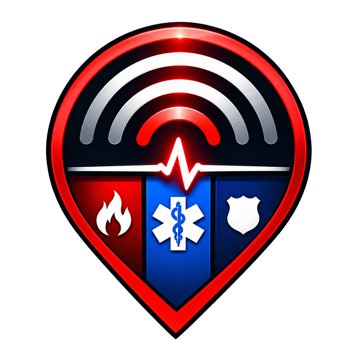 Signal911Live signal pin with radio waves and fire, EMS and police symbols