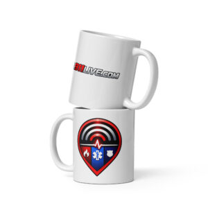 White Signal911Live 11 oz ceramic coffee mug showing the signal logo and Signal911Live.com design.