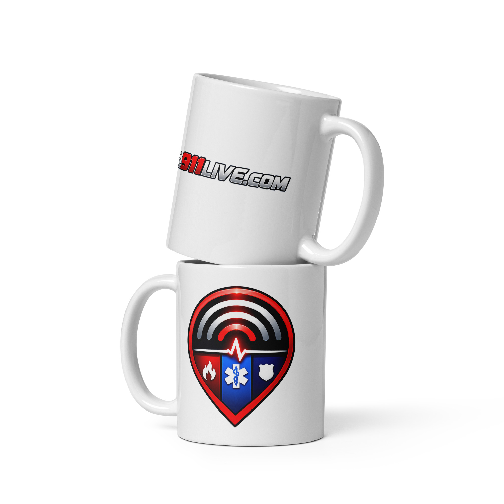 White Signal911Live 11 oz coffee mug featuring the signal logo
